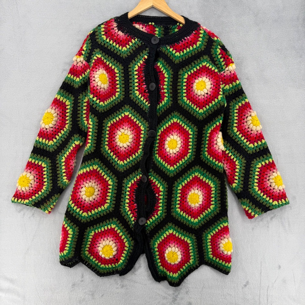 Handmade Crochet Granny Square Hexagon Cardigan Sweater Rainbow Boho Coat